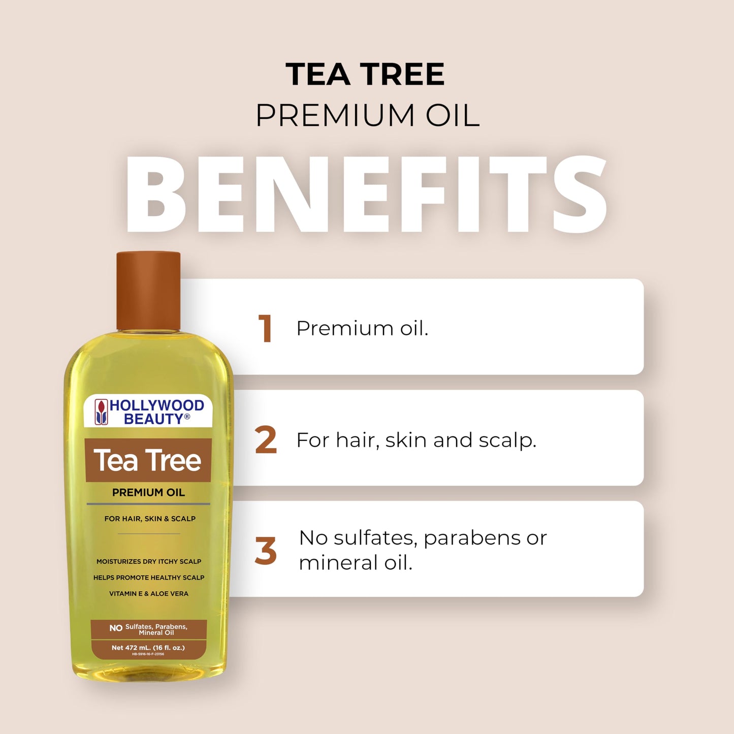 Hollywood Beauty Tea Tree Oil for Hair, Scalp, and Skin, 16 fl oz - Moisturizes Dry, Itchy Scalp, Fungus Fighter, Blended with Vitamin E & Aloe