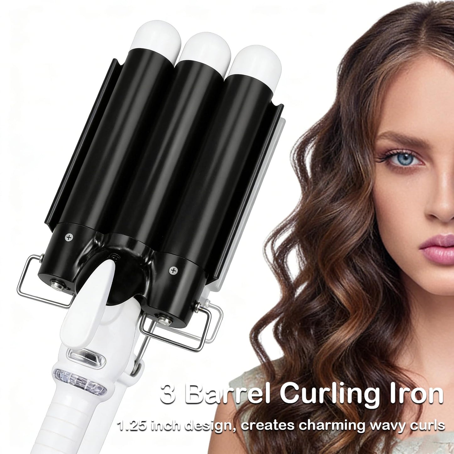 3 Barrel Curling Iron Hair Crimper: Birthday Gifts for Women - Aleath Dual Voltage Adjustable Temperature Three Barrels Hair Waver - 1.25 Inch Ceramic Curler Wand with LCD Display (Black)
