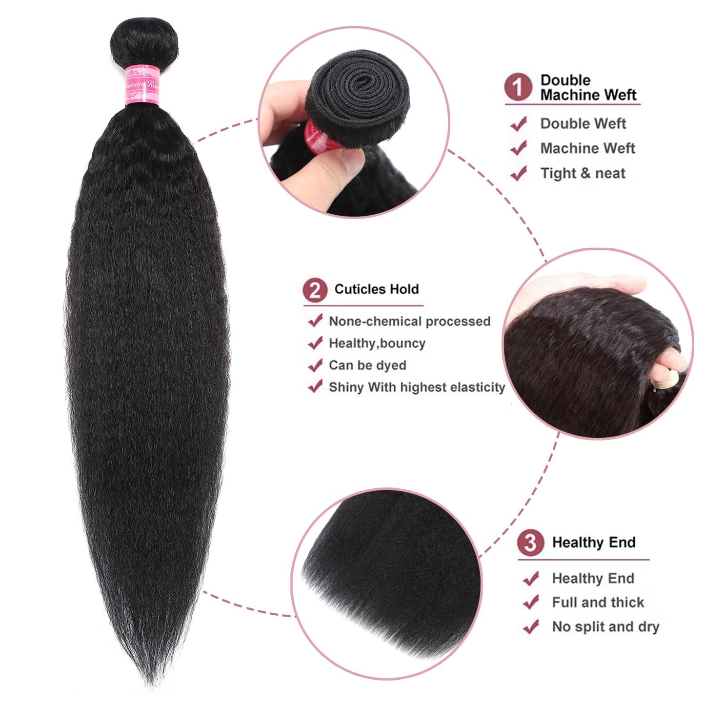 12A Human Hair Bundles 22 Inch Kinky Straight One Bundle 100% Unprocessed Brazilian Virgin Yaki Hair Single Bundle Double Weft Weave Kinky Straight Bundles Human Hair Extensions Natural Black Color