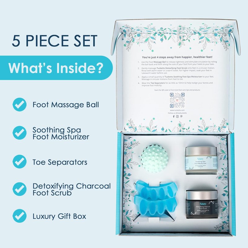 Tucketts Foot Spa Kit for Women - More than a Pedicure Kit with Foot Massage Ball, Toe Separators for Bunions, Charcoal Foot Scrub, Shea Butter Moisturizer for Dry Feet, Self Care Gifts for Women
