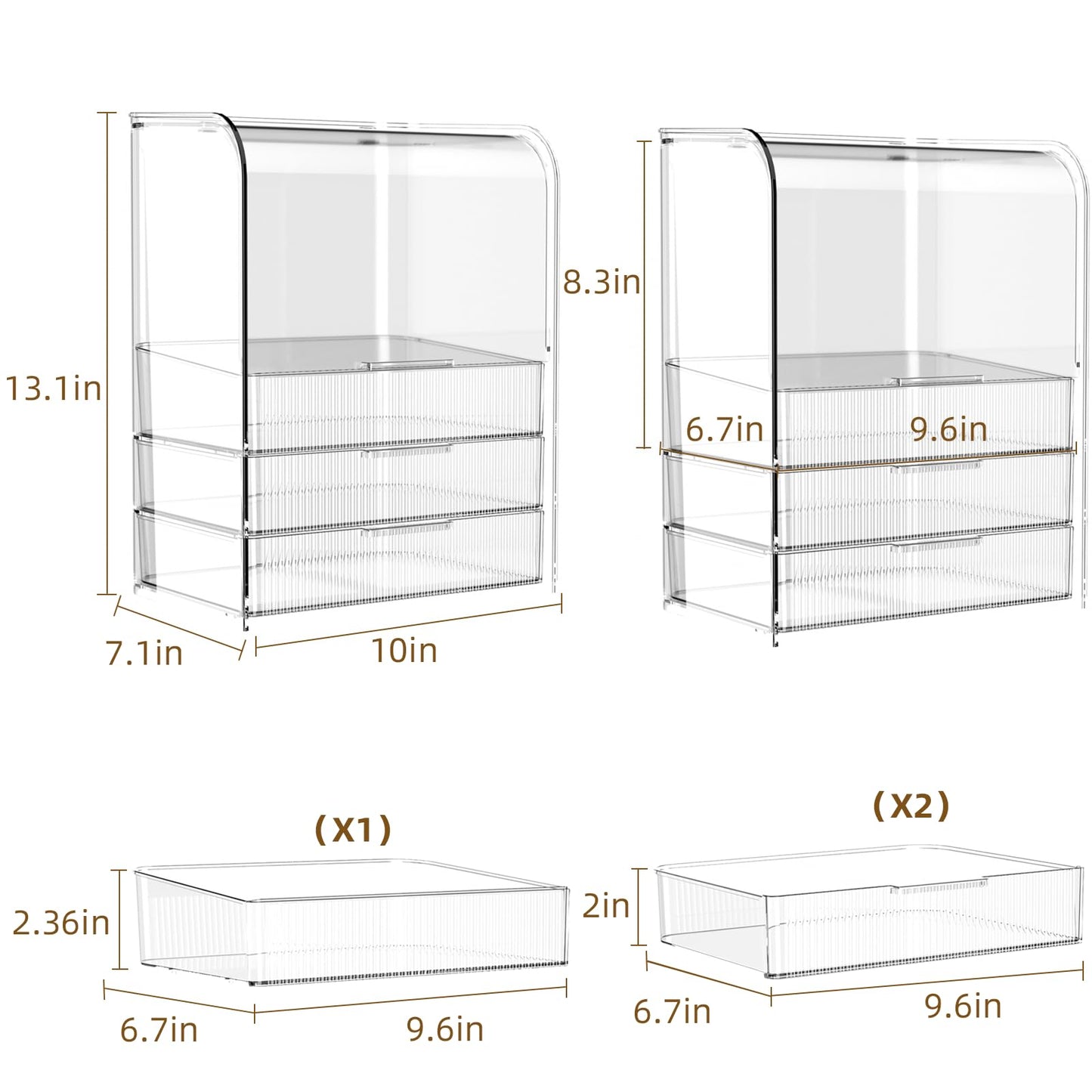 GearFusion 3 Tier Clear Cosmetic Organizer, Makeup Display Case with Lid & Drawers, Countertop Dresser Vanity Storage Box, Beauty Holder for Skincare Lipstick Brush