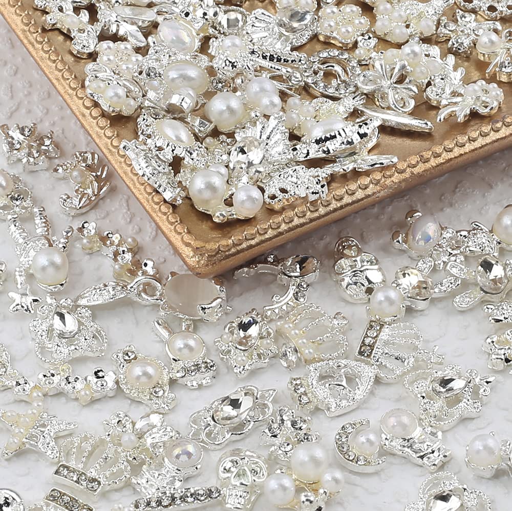 50pcs Luxury Nail Rhinestones Random Silver Nail Charms 3D Alloy Butterfly Nail Art Charms Metal Bowknot Bear Nail Gems Heart Star Flower Charms for Nails Mix Styles Nail Jewels for Nail Art Supplies