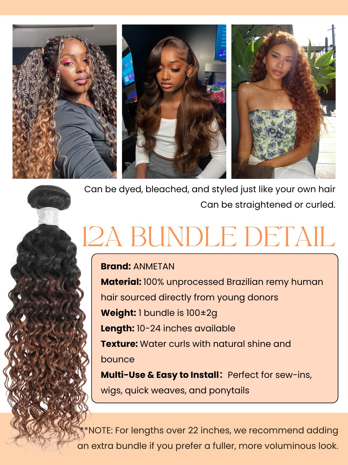 Anmetan 12A Ombre Human Hair Bundles Water Wave, Chestnut Ombre Brown 100% Remy Human Hair Curly Single Bundle Wet and Wavy Thick 3 Tone Colored #T1B/2/30 Dark Roots Keep Soft After Washes 12 Inch