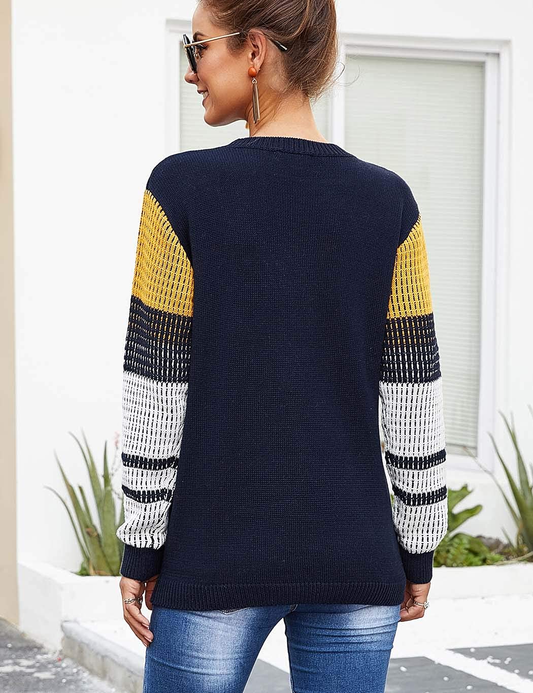 koitmy Women's Cute Contrast Sleeve Knitted Pullover Sweater Navy