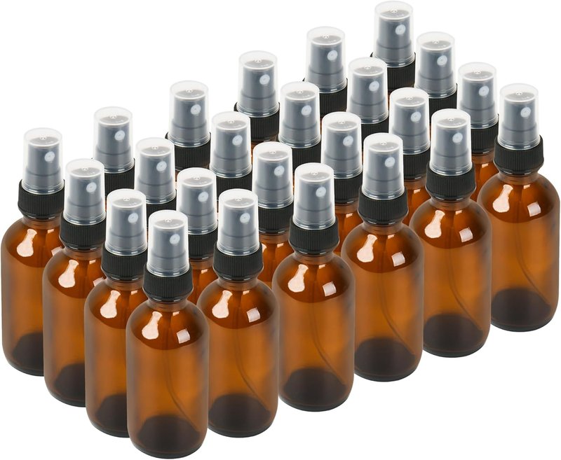 Billionstars 24 Pack Glass Boston Round Bottles - 2oz Amber Mist Sprayers for Essential Oils | Leakproof Travel Containers