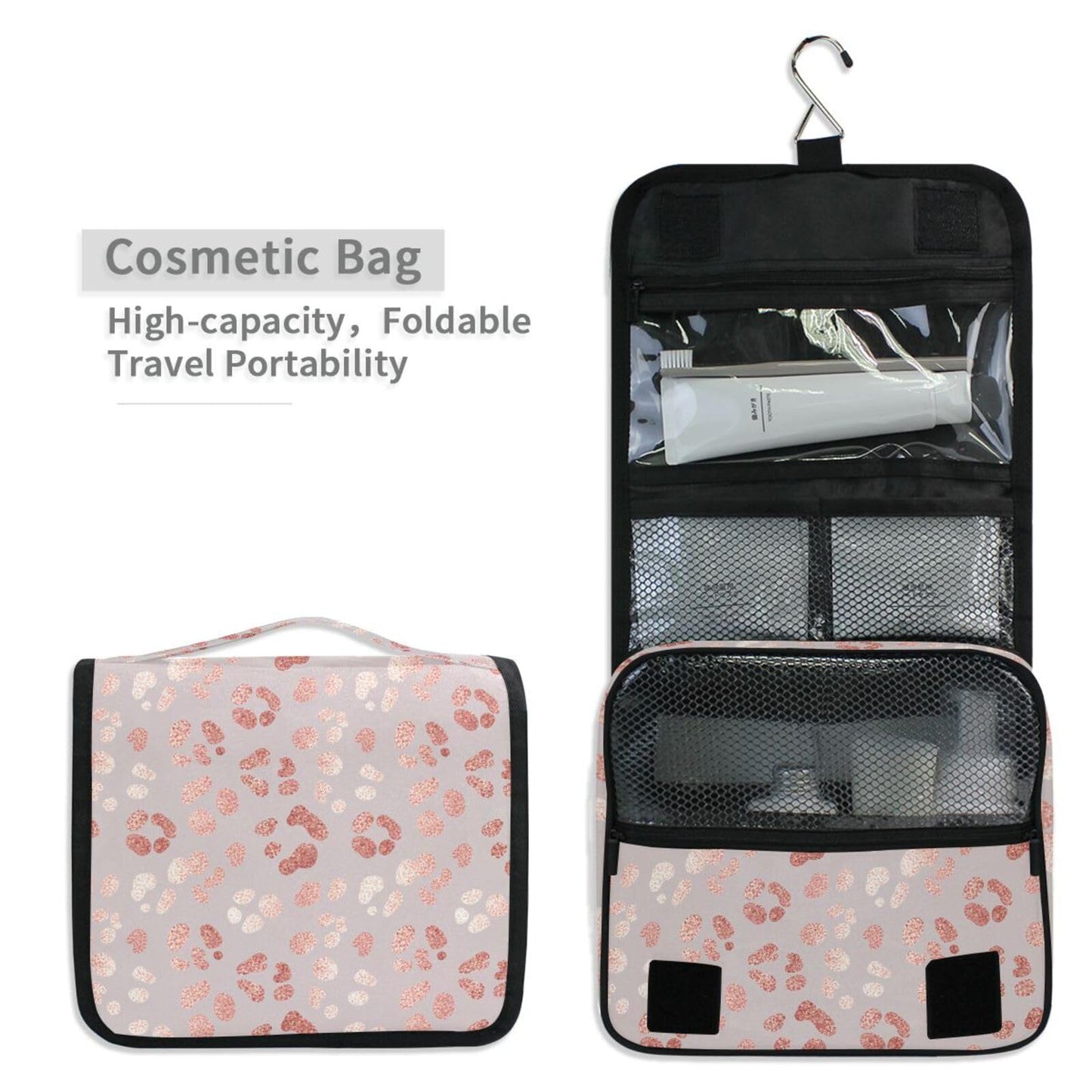 MNSRUU Hanging Toiletry Bag Rose Gold Leopard Print Makeup Bag Portable Travel bag for Toiletries Organizer Bags for Women Men, Travel-Essentials Bag