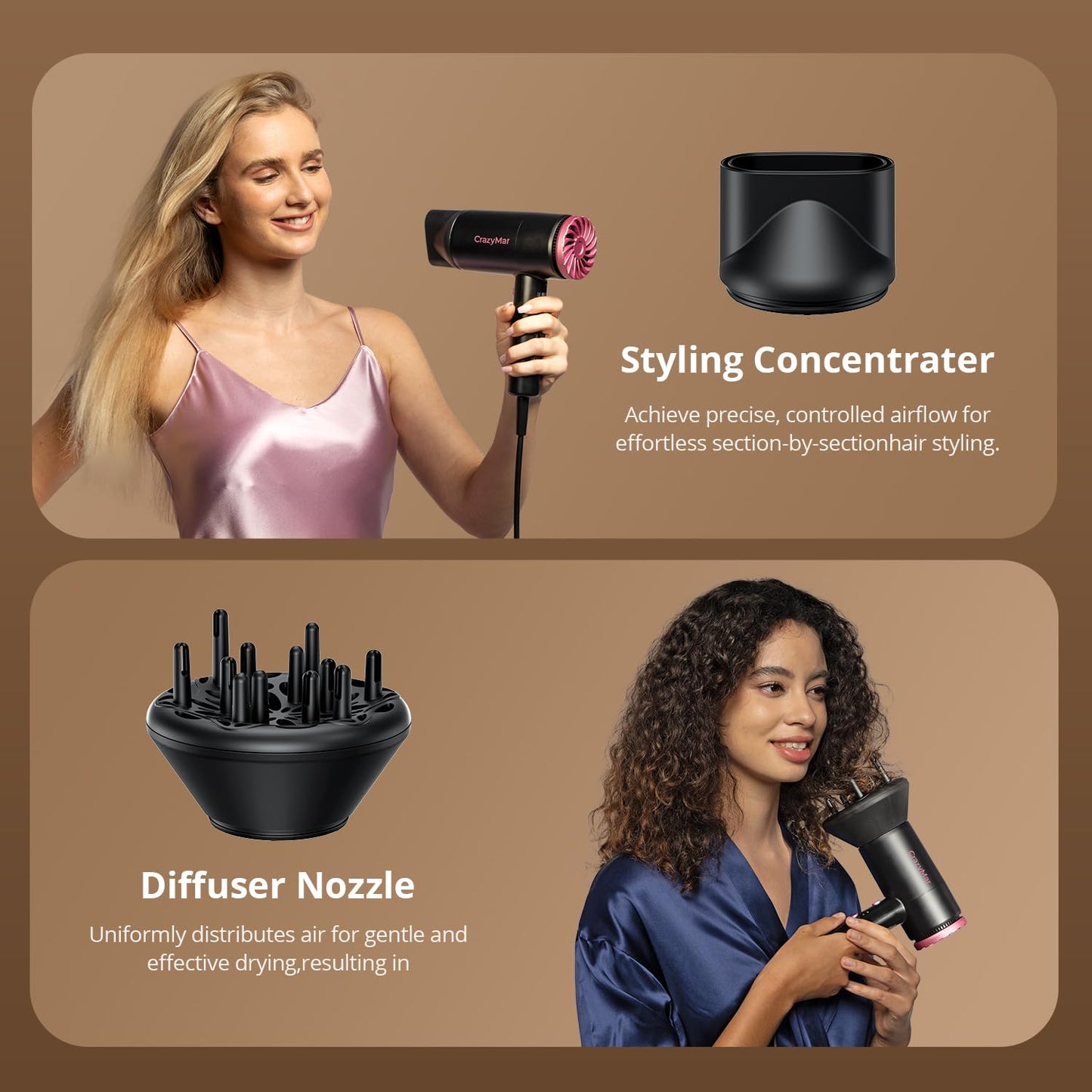 CrazyMar Hair Dryer, 1800W High Speed Blow Dryer for Fast Drying,500 Million Negative Ionic Hair Dryer, No Heat Damage, Lightweight, Blow Dryer with Diffuser for All Hair, Travel, Home (Purple)