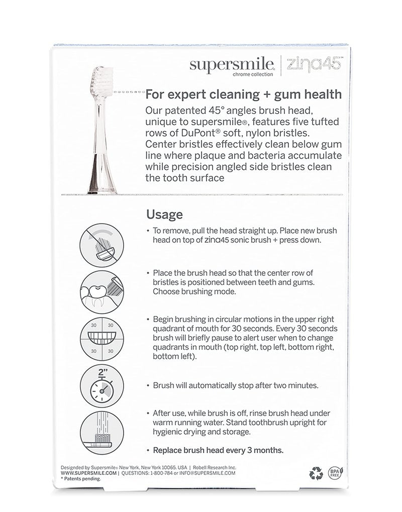Supersmile Replacement Brush Heads for Zina45 Sonic Pulse Electric Toothbrush, Silver (Pack of 2)