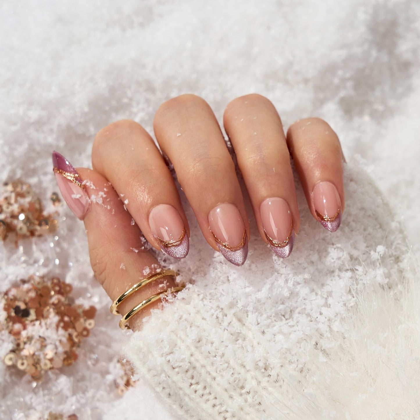 BTArtbox Press On Nails, Pink Aurora, Short Almond, Purple French Tip, 32Ct