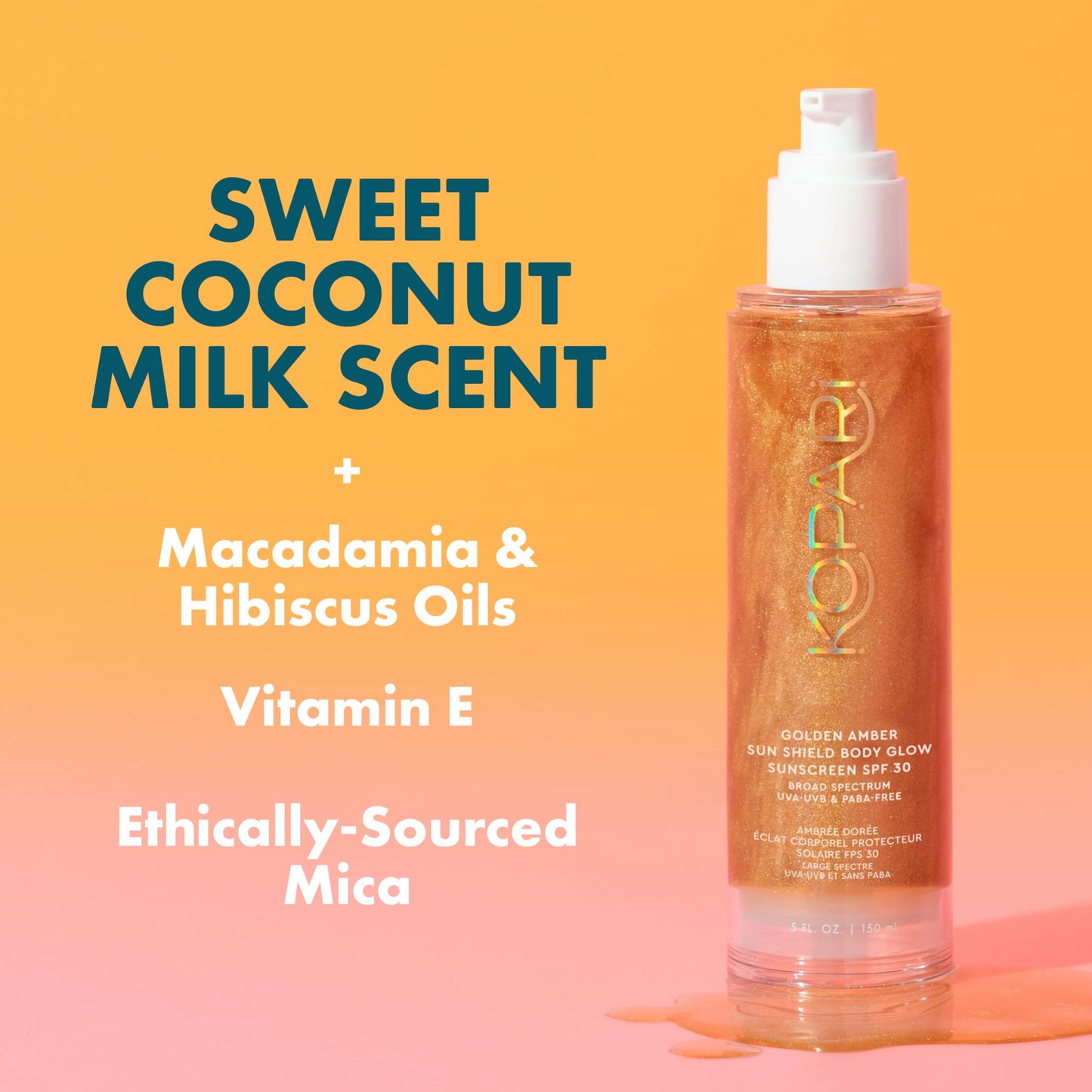 Kopari Sun Shield Body Glow, Broad Spectrum SPF 30, Lightweight Shimmering Gel Texture Absorbs Quickly, Non Sticky, Glowing Results, Golden Amber 5 oz