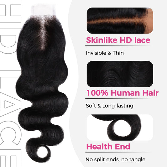 Lashey 2x6 SKINLIKE HD Lace Closure Human Hair Body Wave, 0.10mm Ultra-Thin Invisible Real HD Lace, Pre-Bleached Knots and Pre-Plucked Hairline 12 Inch Natural Black