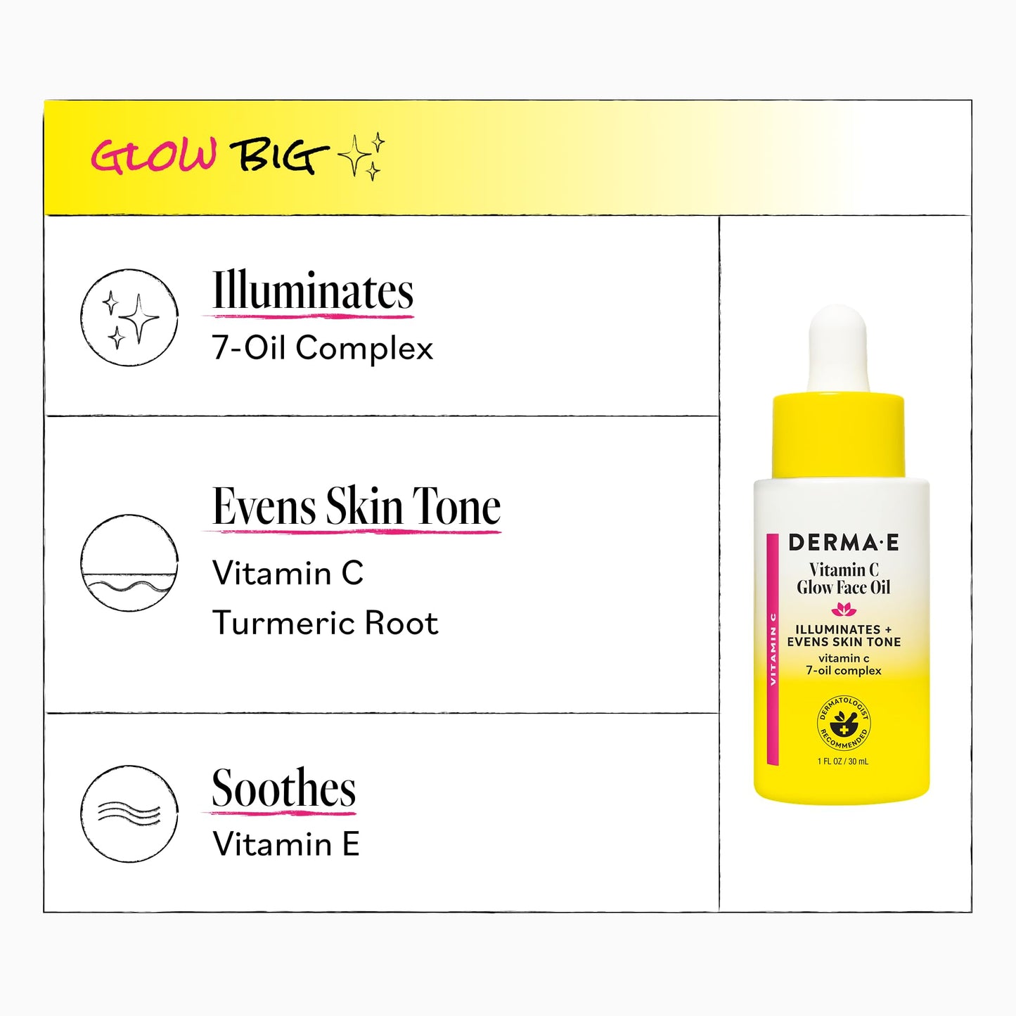 Derma E Vitamin C Glow Face Oil, 1 Fl Oz, Nourishes, Brightens and Illuminates for Radiant Skin, Moisturizing Vitamin C Oil with Turmeric, Seabuckthorn and Red Raspberry