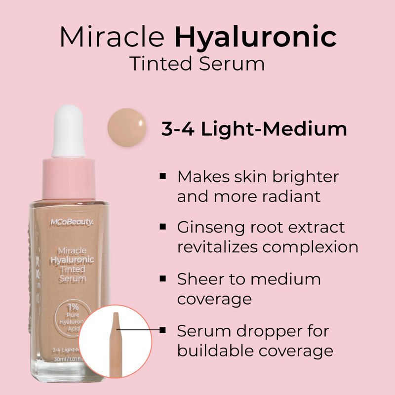 MCoBeauty Miracle Hyaluronic Tinted Serum 3-4 Light Medium - Hydrating Skin Tint Foundation with Hyaluronic Acid Ginseng - Buildable Sheer to Medium Coverage Dewy Finish - Vegan Cruelty Free Makeup