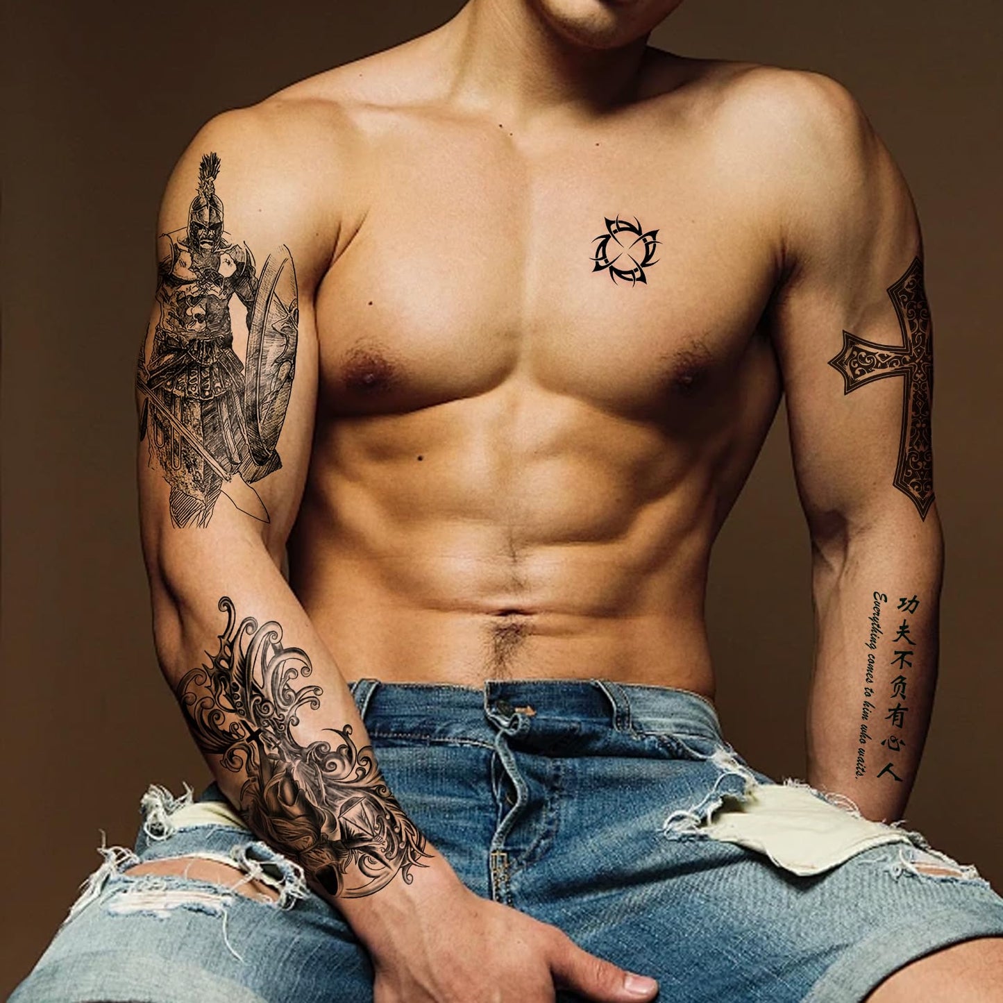 VERKSTAD Black Realistic Temporary Tattoos for Men Women, Waterproof Half Sleeve Fake Tattoos for Boys Girls, Warrior Wing Cross Dragon Letter Totem Tattoo Kits for Parties Festivals Cosplay