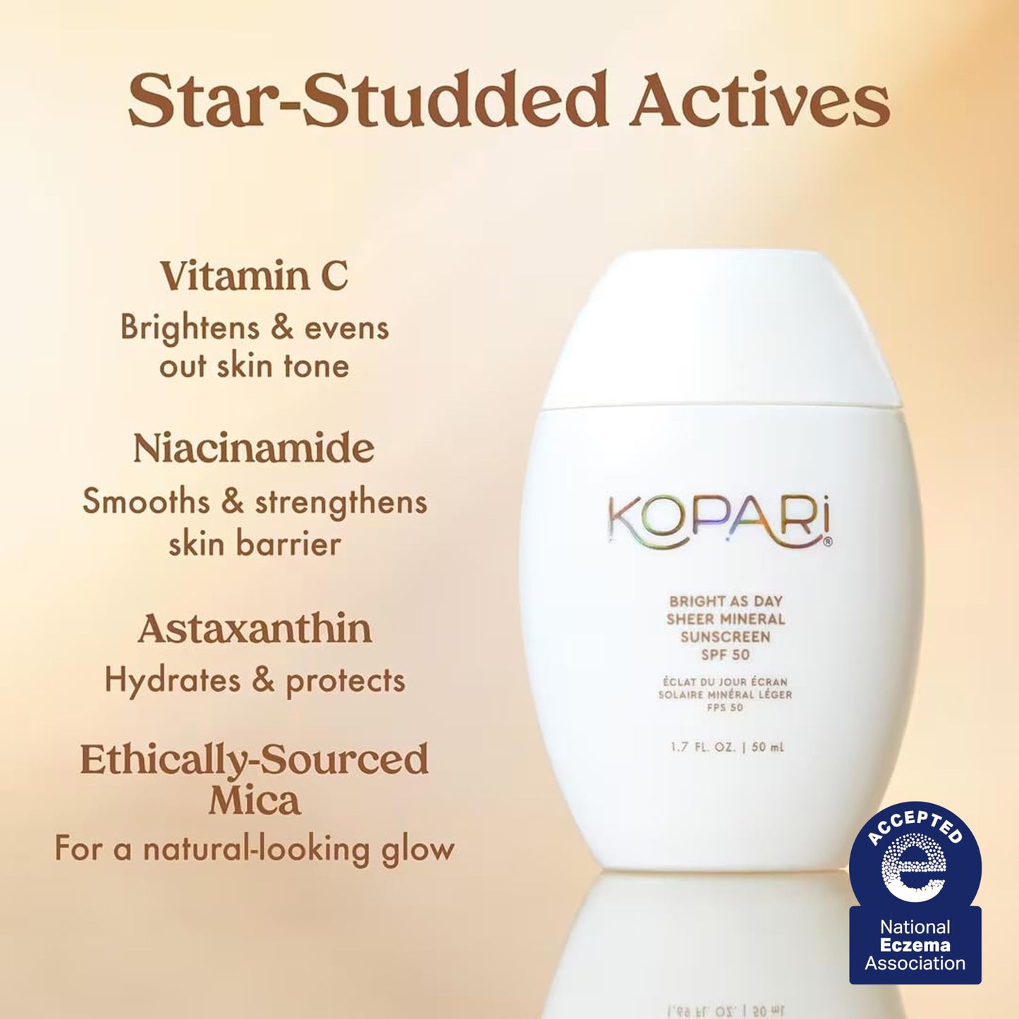 Kopari Bright as Day Sheer Mineral Sunscreen SPF 50, 100% Mineral Facial Sunscreen with Vitamin C & Niacinamide, Sheer Finish, All Skin Tones, 1.7 oz