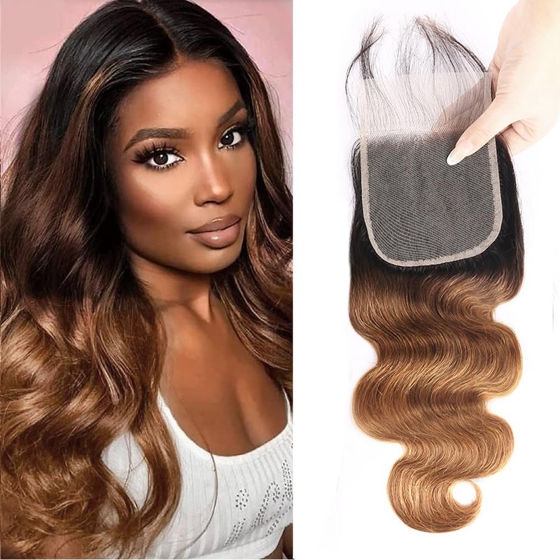 QTHAIR 1B/4/30 Ombre Body Wave HD Closure 18A 4x4 Transparent Color Swiss Lace Closure Brazilian Body Wave Closure Unprocessed Virgin Human Hair Dark Roots 3 Tone 1B/4/30 Wavy Human Hair(14in)