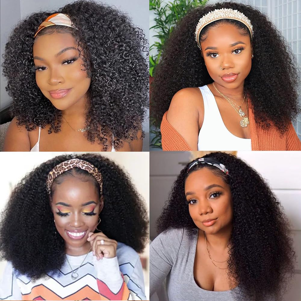 XSY Curly Headband Wig Human Hair 14 Inch Kinky Curly Headband Wigs for Black Women None Lace Front Wig 150% Density Natural Black Color