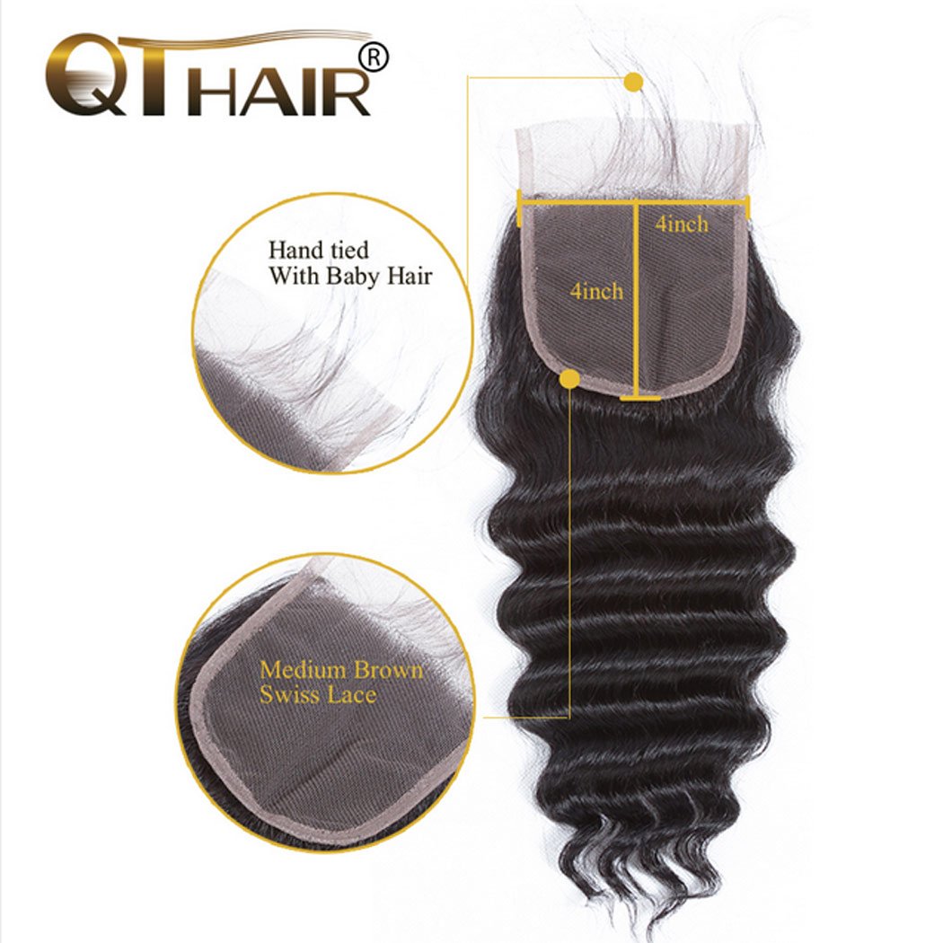 QTHAIR 18A Loose Deep Wave Lace Closure - 4x4 Brazilian Human Hair, Pre-Plucked, 14" with Baby Hair