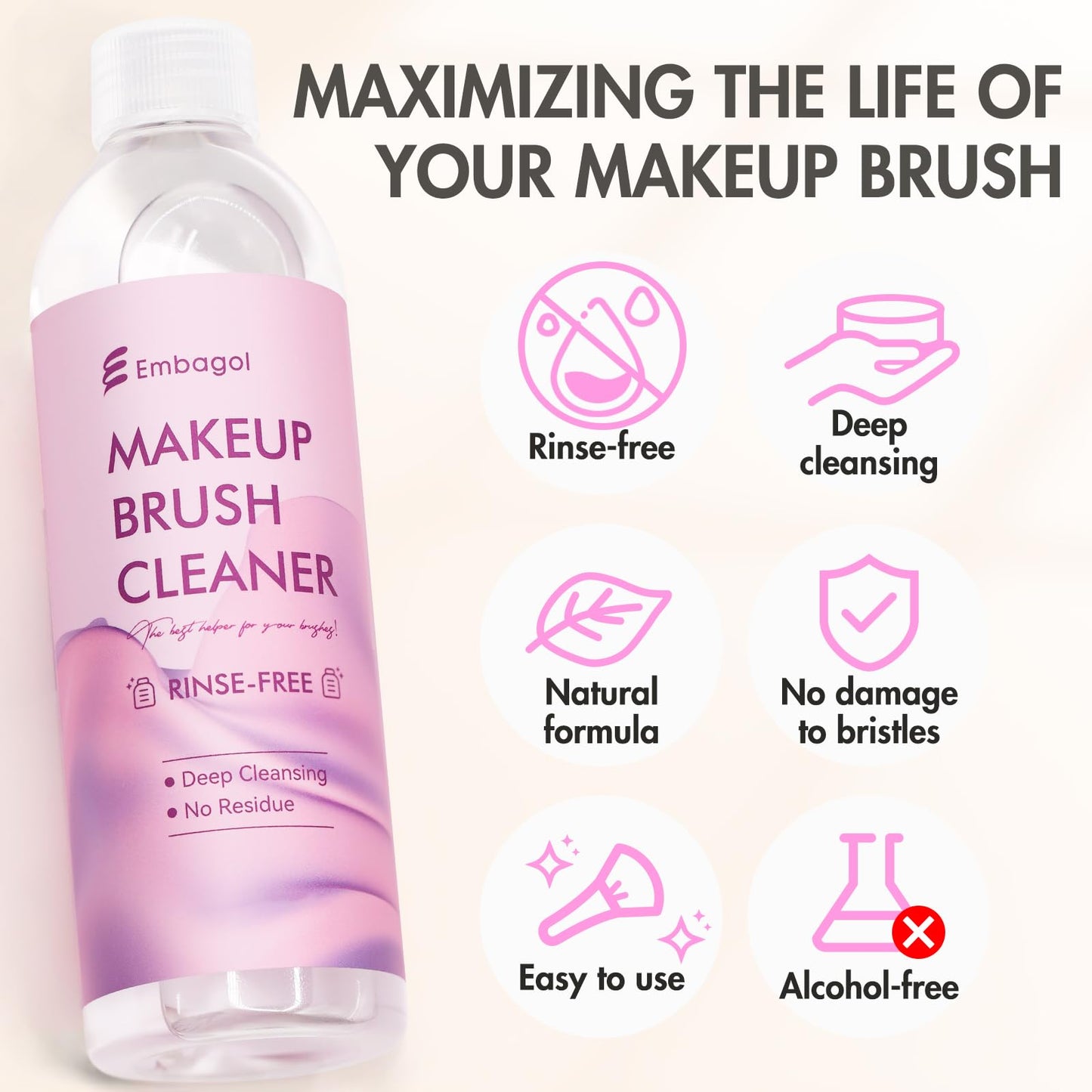 Embagol Makeup Brush Cleaner, Easily Remove Stubborn Makeup, Dirt & Impurities from Makeup Brushes, Rinse-Free & Quick Drying & Vegan & Cruelty-Free(500ml/16.9 fl oz)