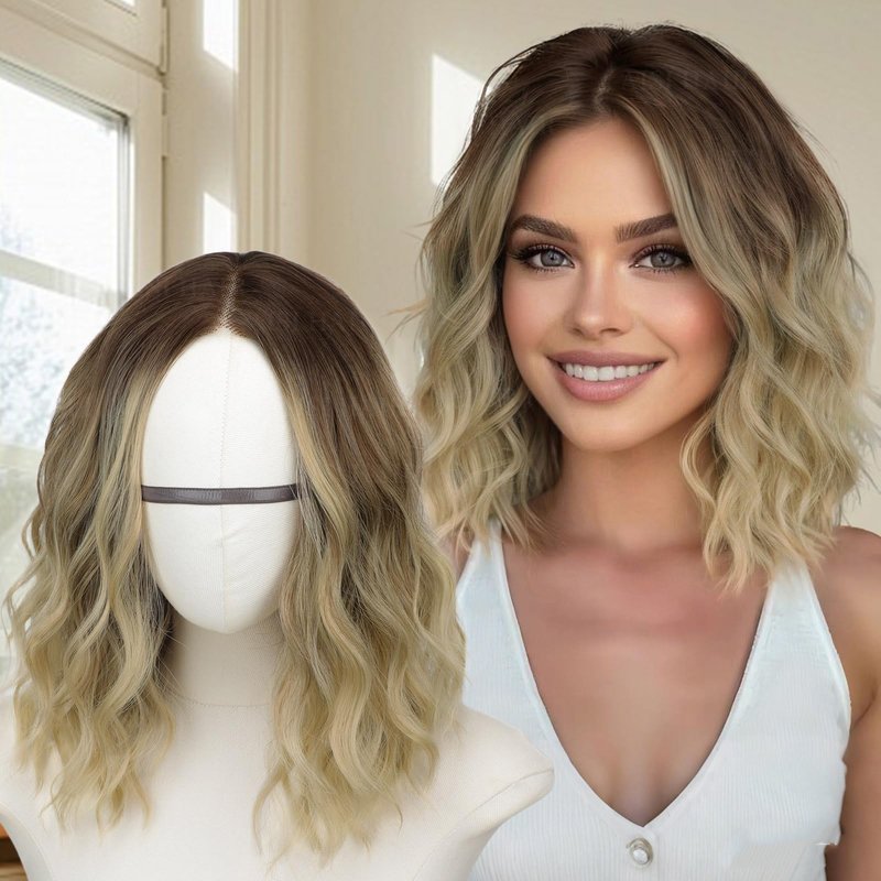AISI HAIR 14 Inch Ombre Blonde Wigs for Women - Shoulder Length Wave Wig with Pre-Cut Lace Hairline, Middle Part Natural Wavy Bob Synthetic Heat Resistant Fiber for Daily and Party