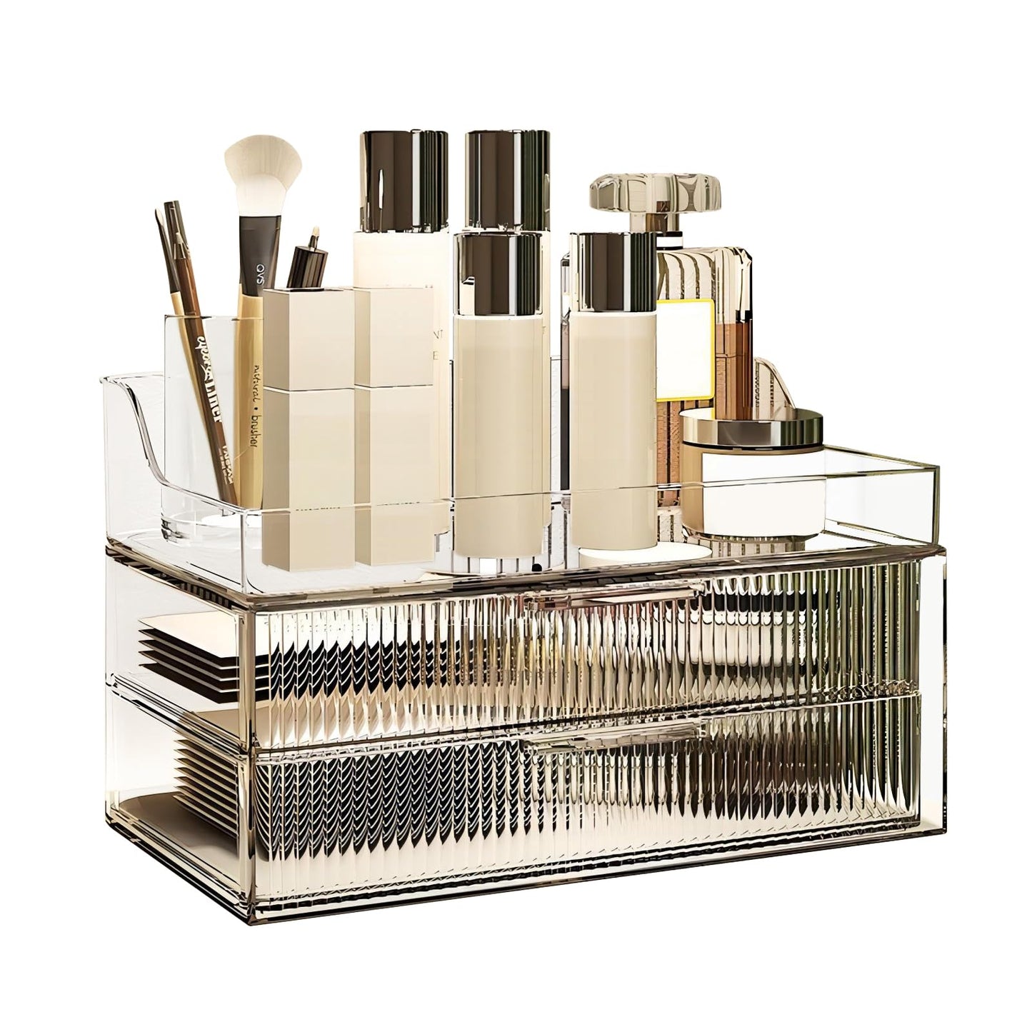 DASITON Clear Dustproof Two layers Storage Box,Makeup Brush Holder,Large Capacity Desktop Storage Box with Drawer,for Beauty Products,Perfume,Jewelry,Nail Polish