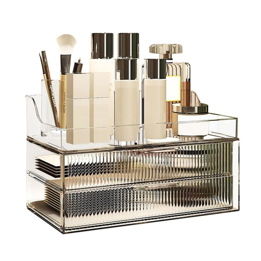 DASITON Clear Dustproof Two layers Storage Box,Makeup Brush Holder,Large Capacity Desktop Storage Box with Drawer,for Beauty Products,Perfume,Jewelry,Nail Polish