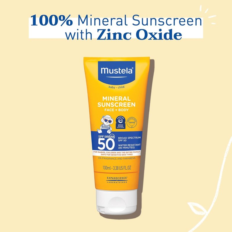 Mustela Baby Mineral Sunscreen Lotion SPF 50 - Sensitive Skin Protection | Water Resistant & Fragrance Free, Regular & Family Size