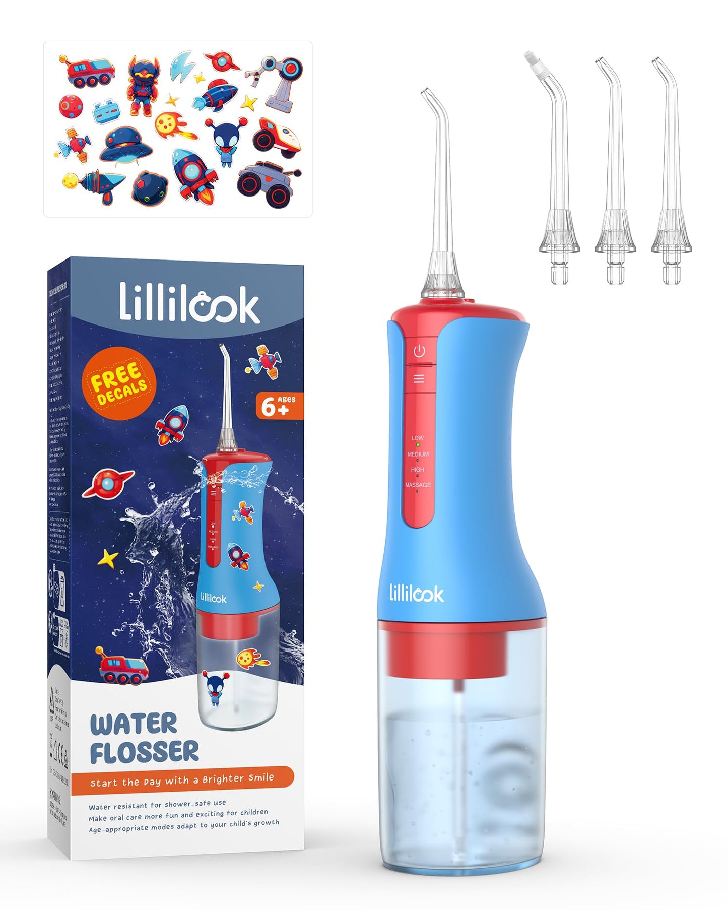 Lillilook Kids Water Flosser Blue, Rechargeable Oral Irrigator for Kids Aged 6+, 4 Modes, 3 Jet Tips, Fun Stickers, Safe and Gentle Oral Care
