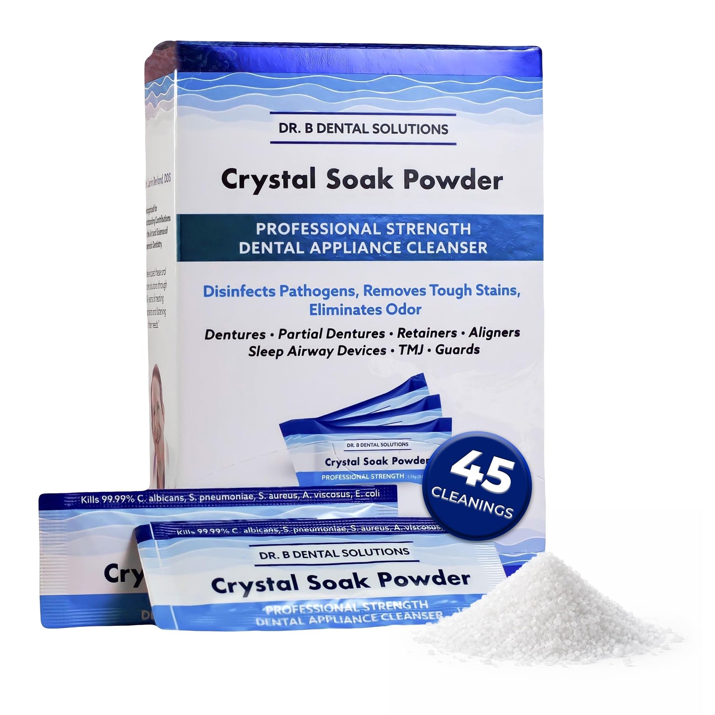 Dr. B Dental Solutions Powder Crystal Soak Cleanser, Ideal for Oral Appliances, Dentures, Night Guards, Retainers, Aligners, and Sleep Apnea Devices - 45 Single Use Packets