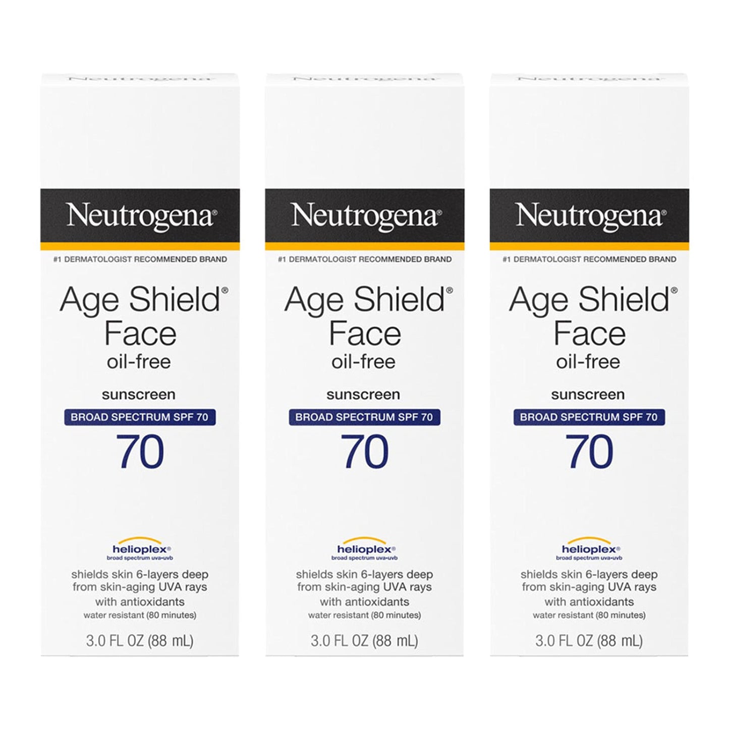 Neutrogena Age Shield Face Oil-Free Sunscreen Lotion with Broad Spectrum SPF 70, Non-Comedogenic Moisturizing Sunscreen to Help Prevent Signs of Aging, PABA-Free, 3 fl. oz (Pack of 3)