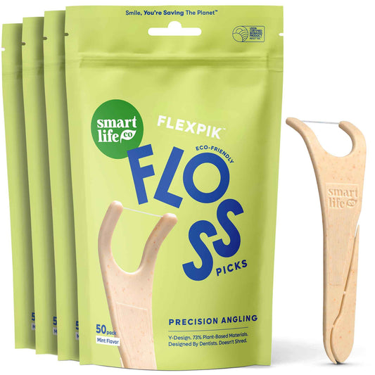 SmartLifeco Eco-Friendly Angled Dental Floss Picks (200ct) - Made with Straw Wheat Blend, Superior Anti-Shred Thread for Molars & Back Teeth, Tooth Pick Stick for Adults, Soft on Gums, Vegan, Mint