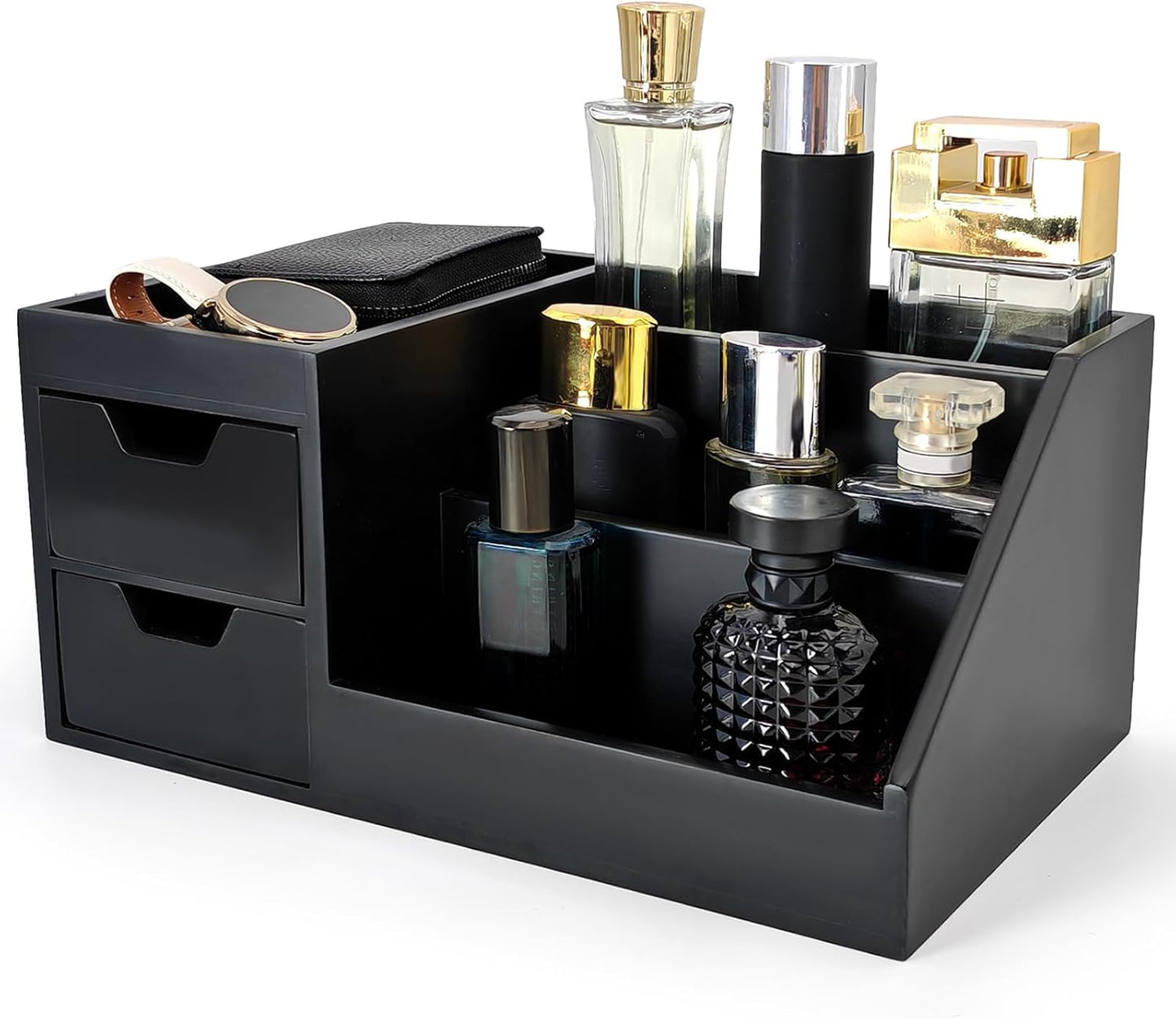 Perfume & Makeup Organizer - Wooden Countertop Rack for Cologne, Skincare & Dresser | Black, Medium Size