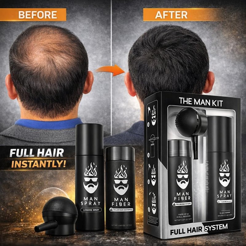 Hair Thickening Fibers (Black), Hair Fiber Locking Spray + Applicator Fiber Pump to create Natural looking Fuller Hair and Beard | Man Card Included | Hair Set by the THE MAN KIT