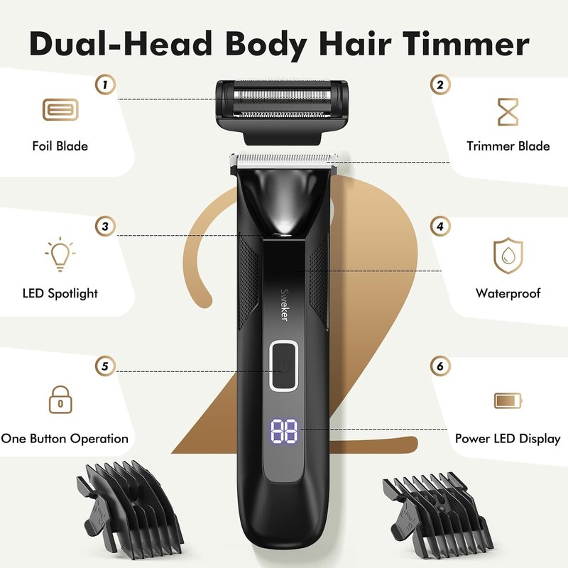 Body Hair Trimmer for Men - 2-in-1 Electric Groomer & Shaver | Dual-Head Design for Groin & Pubic Hair