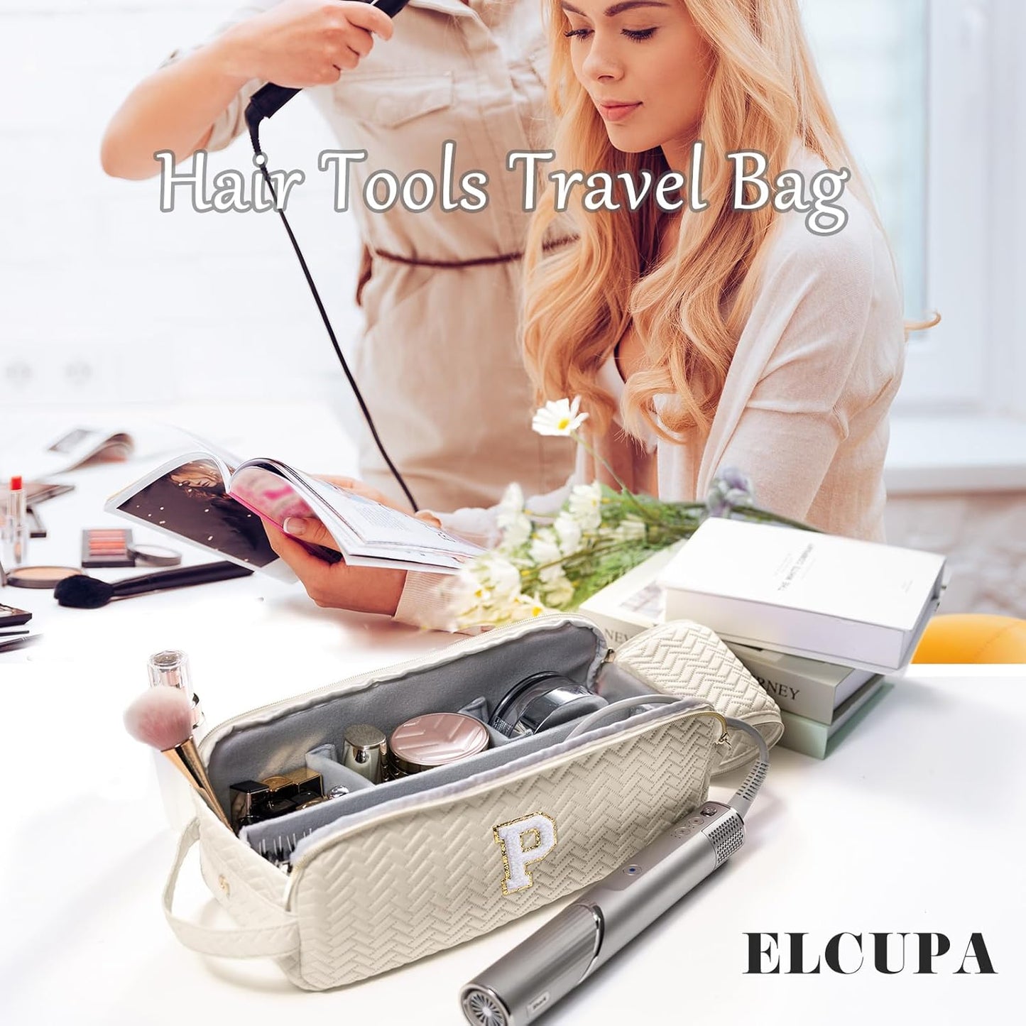 Personalized Travel Bag for Hair Tools - Compatible with Shark FlexStyle, Revlon & Dyson | Organizer for Hair Dryer, Flat Iron, Curling Iron & Makeup Essentials