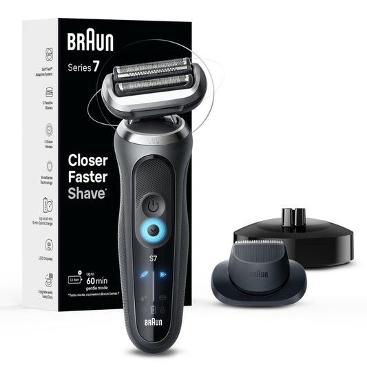 Braun Series 7 Electric Shaver for Men, Wet & Dry Foil Razor, Precision Trimmer Attachment, Charging Stand, Travel Case, Space Grey 7127cs