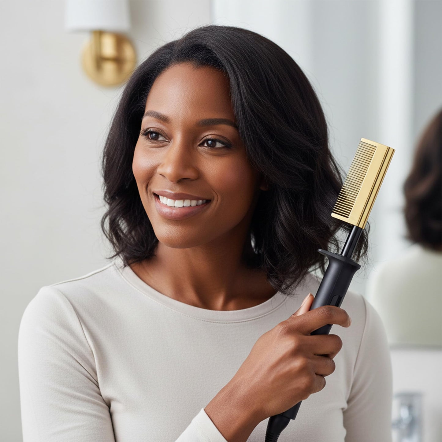 KISS Professional Pressing Comb with Polished Gold Smoothing Comb, Safety Stand, Digital LED Temperature Display, & Tangle Free 360° Swivel Cord
