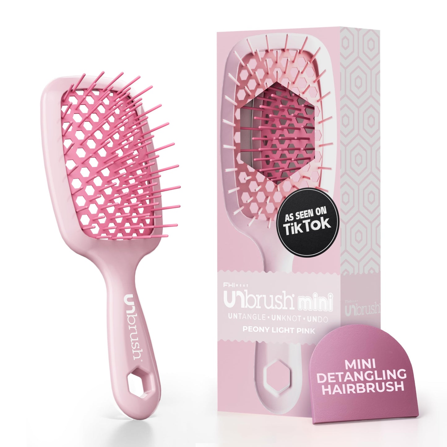 FHI Heat UNbrush Mini Detangler Brush for Pain-Free Brushing on All Wet or Dry Hair Types — Durable Duoflex Anti-Static Bristles, Lightweight Handle, Vented Mini Hair Brush, Peony Light Pink