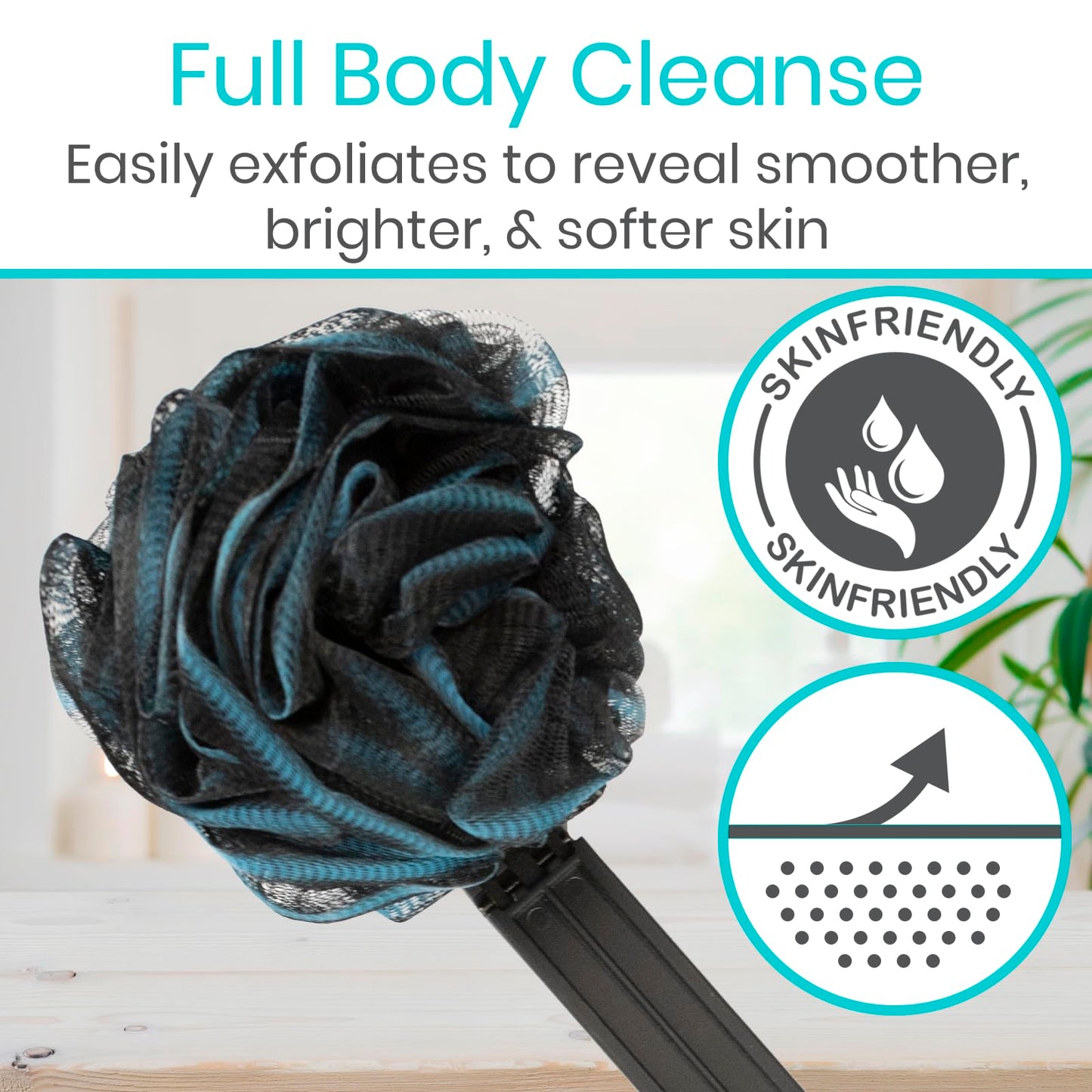 Vive Long Handled Loofah on a Stick - Mesh Back Sponge for Bath, Reusable w/Extra Pouf - Exfoliating Scrubber for Elderly & Disabled, Soft Loofa for Bathing Men & Women