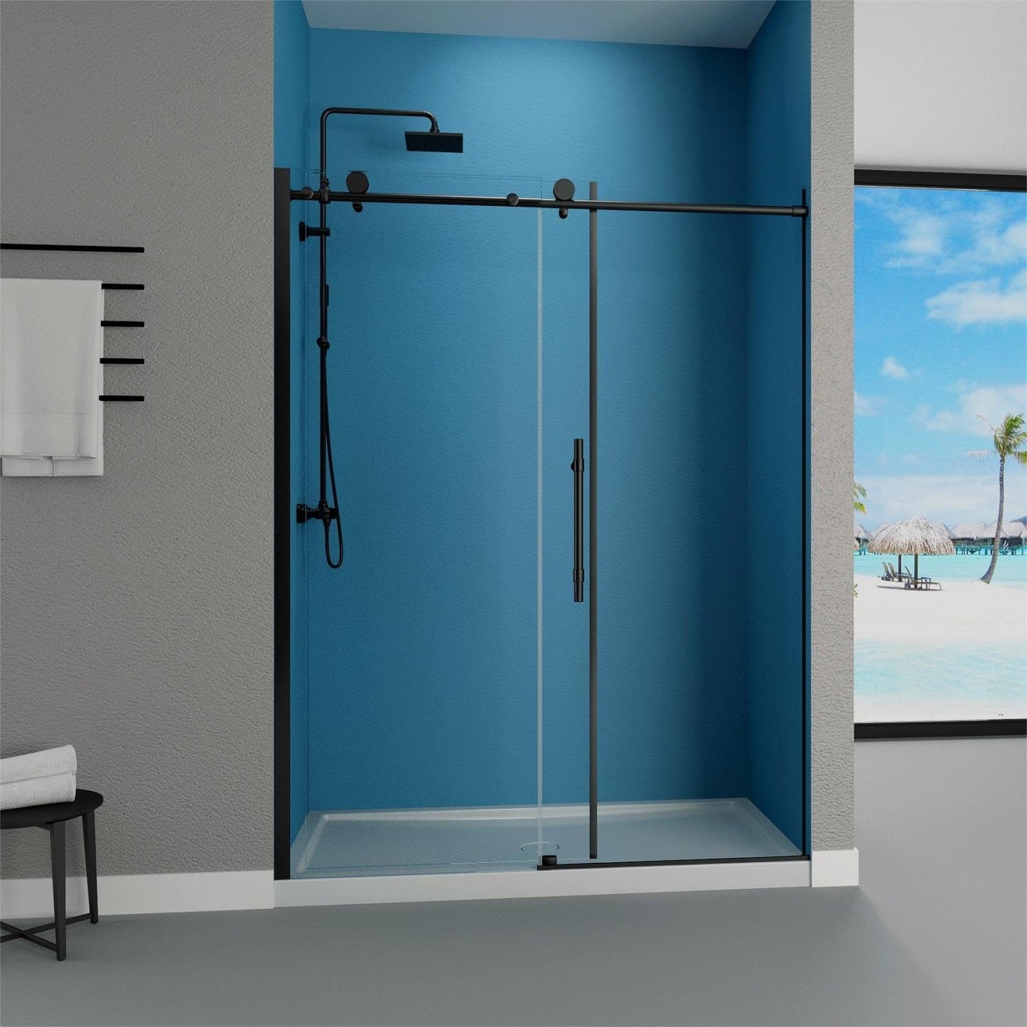 GDGZQD 56" -60 "W x 75" H Frameless Shower Door, Bathroom Sliding Shower Door, SGCC Certified Transparent Tempered Glass Door with Explosion Proof Film