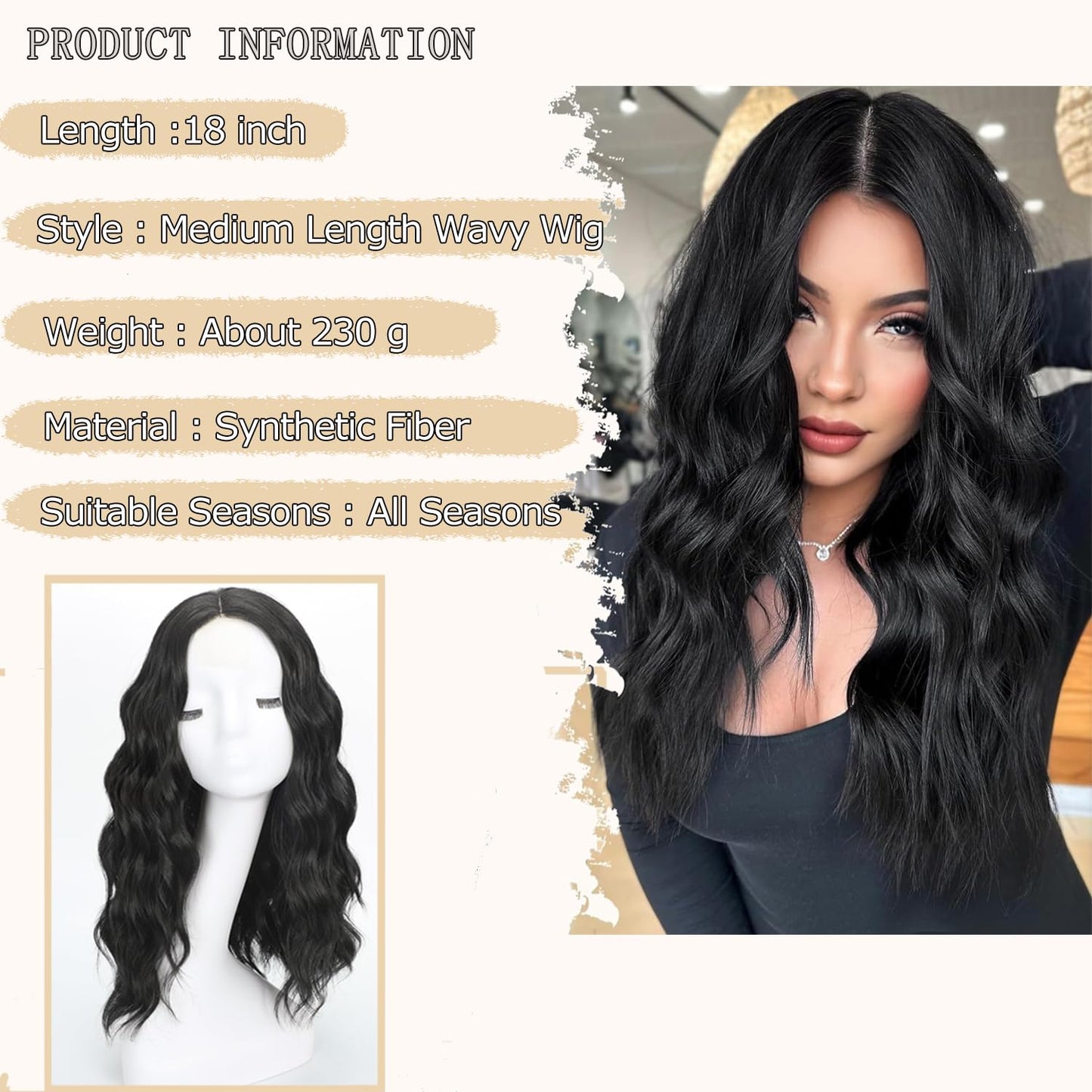 QJBMHH Black Wigs for Women 18 Inch Medium Length Short Wavy Wig Middle Part Synthetic Heat Resistant Natural Looking for Daily Party Halloween Use