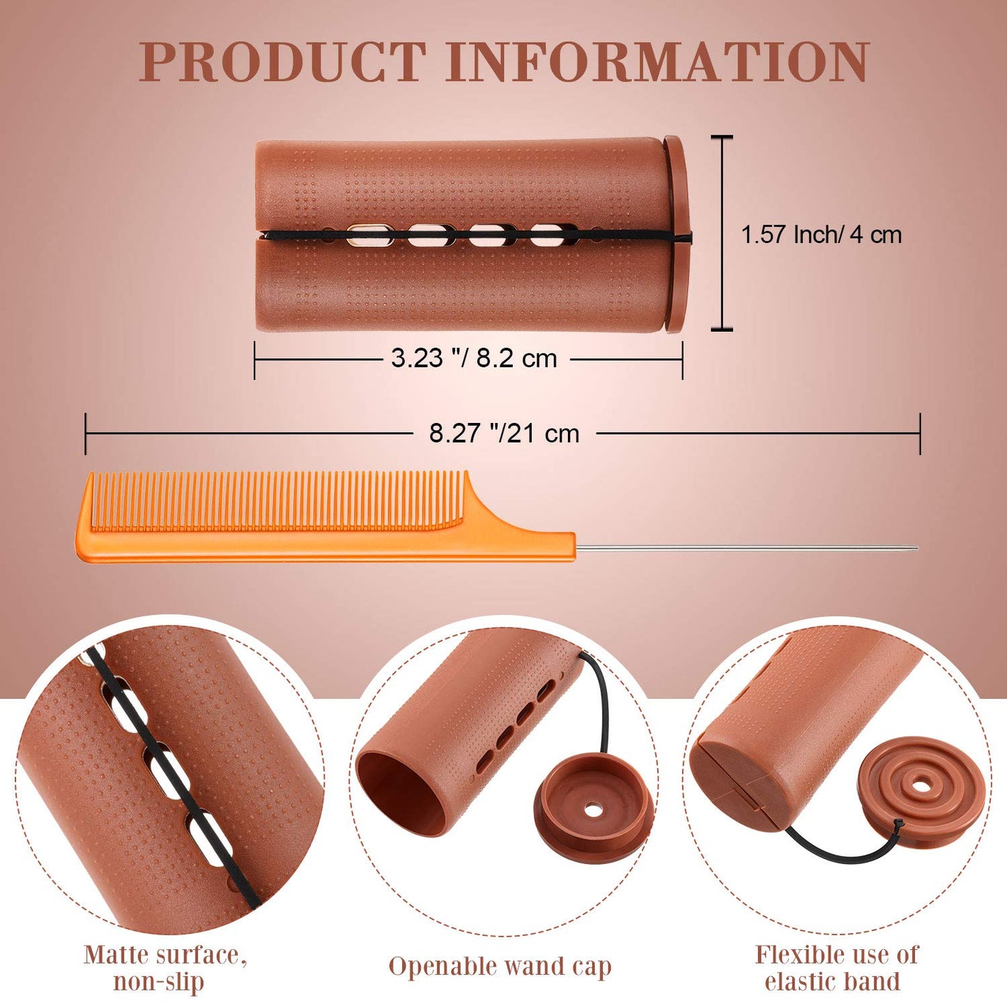 12 Pieces Large Hair Perm Rods Set Cold Wave Rods Plastic Hair Curling Rollers with Stainless Steel Rat Tail Comb Pintail Comb for Hairdressing Styling Tools(1.57 Inch,Brown)