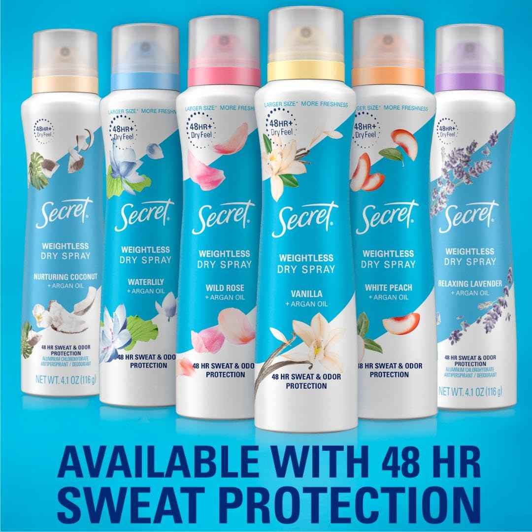 Secret Dry Spray Deodorant Antiperspirant for Women, 48hr Weightless Sweat & Odor Protection, Gentle on Skin, Relaxing Lavender & Argan Oil Scent, 4.1 oz (Pack of 3)