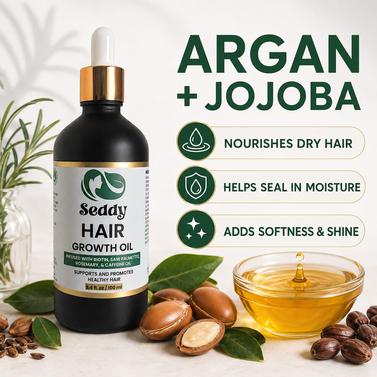 Seddy Hair Growth & Strengthening Oil with Caffeine, Rosemary, Castor, Biotin, Peppermint, Argan & Jojoba Oil & Detangling Brush, Painless Curly Hair Care Tool, Frizz-Free, Effortless Detangling