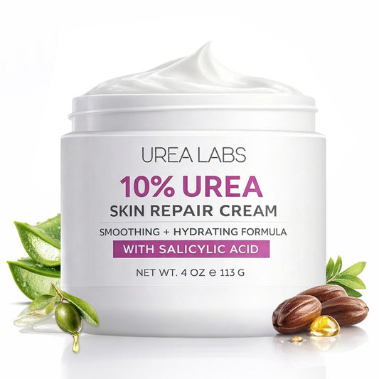 UREA LABS 10% Urea Cream with Aloe Vera, Jojoba Oil and Salicylic Acid - 150ml Hydrating Moisturizer for Dry, Chapped Hands, Feet, Face & Body - Repairs, Soothes & Nourishes Rough, Dry Skin - 4 Oz