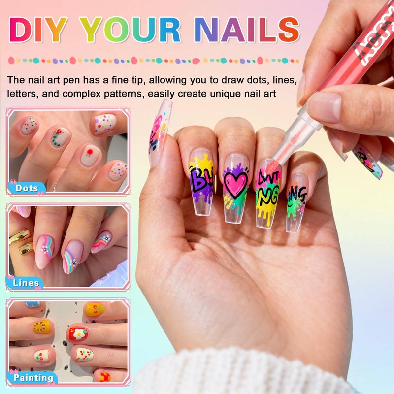 AOAZXBB 12 Colors Nail Art Pens Set Nail Polish Pens, Waterproof Quick-Drying Acrylic Paint Nail Art Markers for Home & Salon DIY