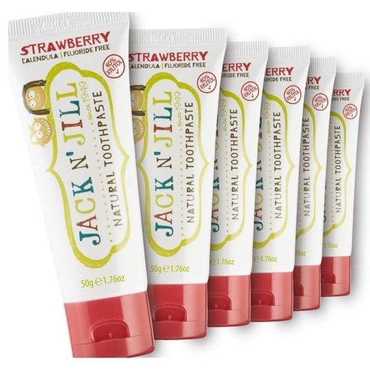 Jack N' Jill Natural Children's Toothpaste, Organic Strawberry, Gluten Free, Vegan, BPA Free, Fluoride Free, SLS Free, Dairy Free - Make Toothbrushing Fun for Kids - Pack of 6