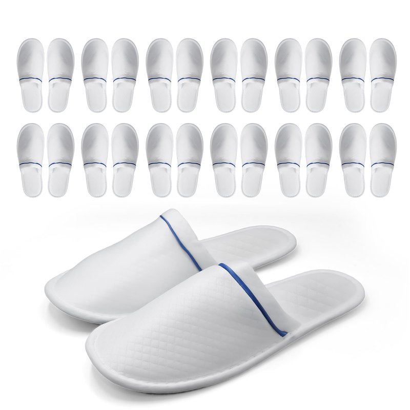 Modlux Spa Slippers 6-12 Pairs, Unisex Disposable Slippers Closed Toe Washable, Reusable, Bridal, Indoor, House, Bathroom, Bedroom, Hotel, For Guest (White with Blue Ribbon, 12 Pair)