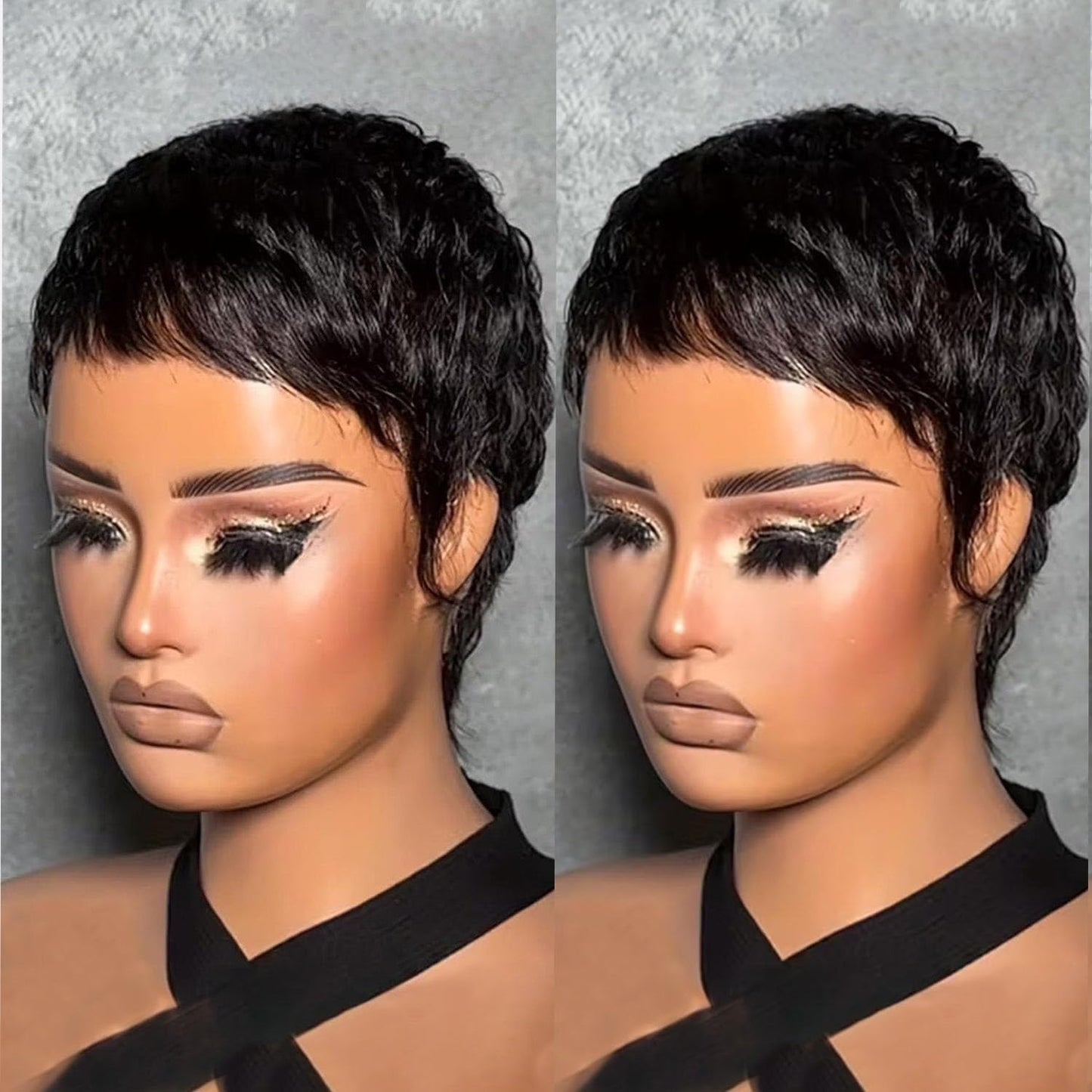 Waveme Short Human Hair Wigs for Black Women Put on and Go Glueless Wig Short Curly Wigs Pixie Cut Curly Wigs With Bangs Black 1b Color