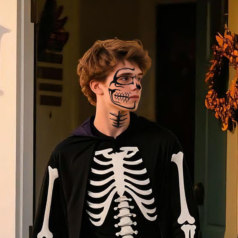 Halloween Face Tattoos Temporary Black Tattoo for Men and Women, Adult, Skeleton Mouth Tattoo Spider Web Face Sticker, Horror Zombie Witch Makeup Kit, Scary Halloween Face Decals 5 Sheets